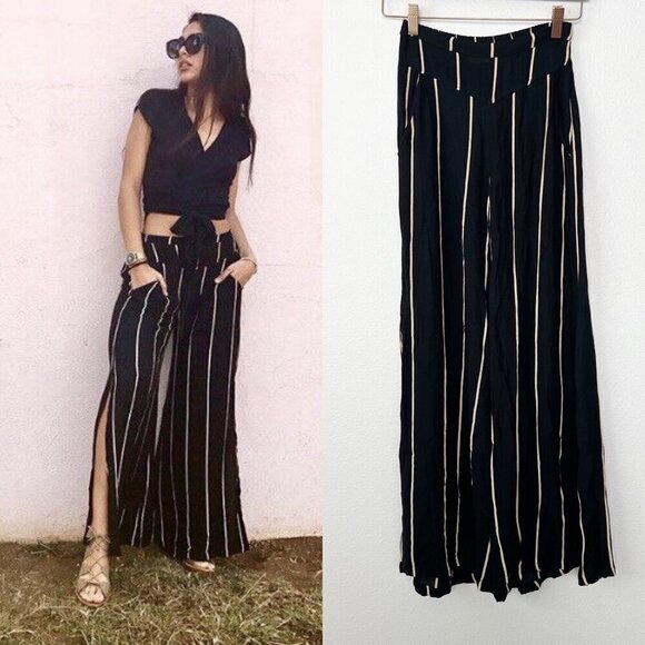 Ava Sky Womens XS Black Tan Striped Wide Leg Split High Rise Palazzo Pant - Picture 1 of 9